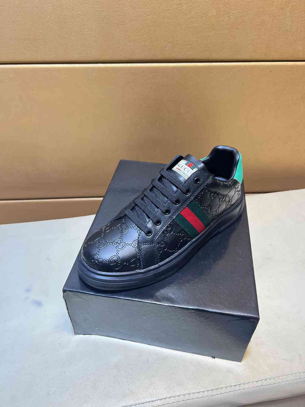 Gucci Ace GG Crystal Sneakers in Black Leather with Web Green and Red