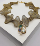 Collana in maglia in Titanio modellabile, pendente pietre preziose castone argento, 925 bagnato oro 18k