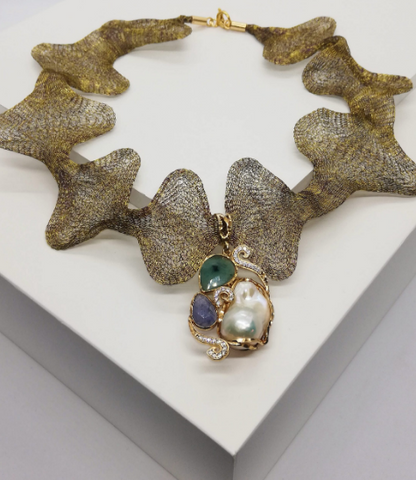 Collana in maglia in Titanio modellabile, pendente pietre preziose castone argento, 925 bagnato oro 18k