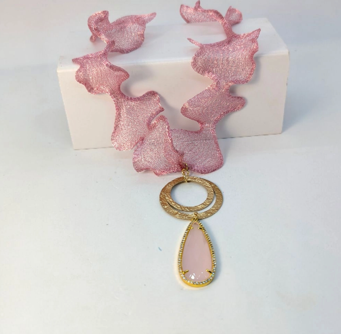 Handcrafted Titanium Necklace with Pink Crystal and Gold Details 
