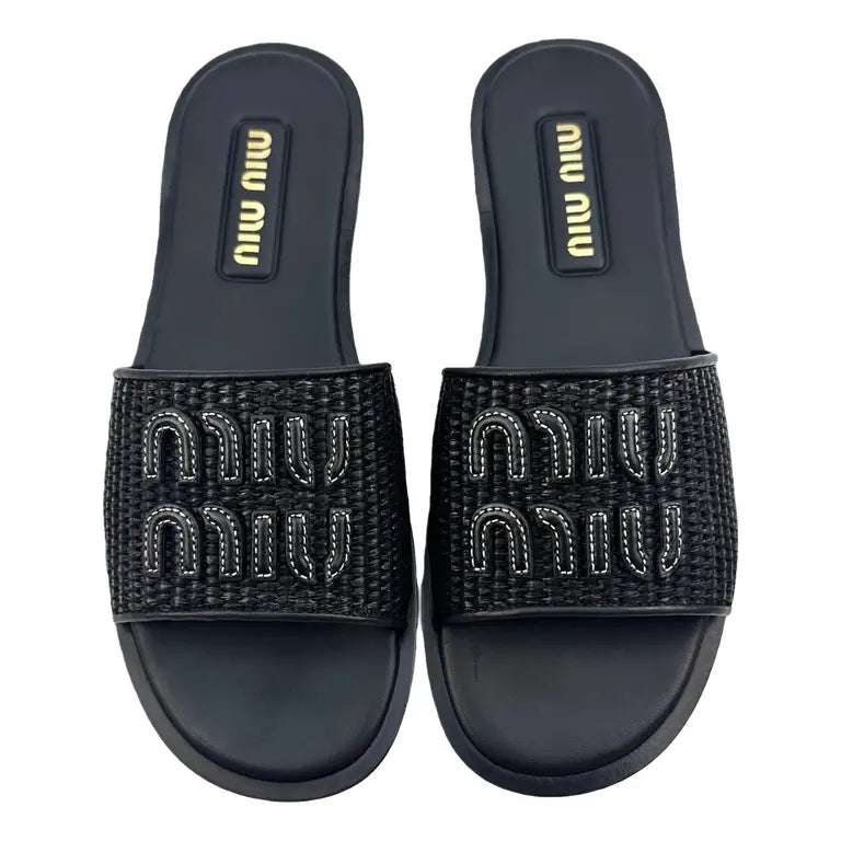 Miu Miu Raffia Effect Woven Slides nero