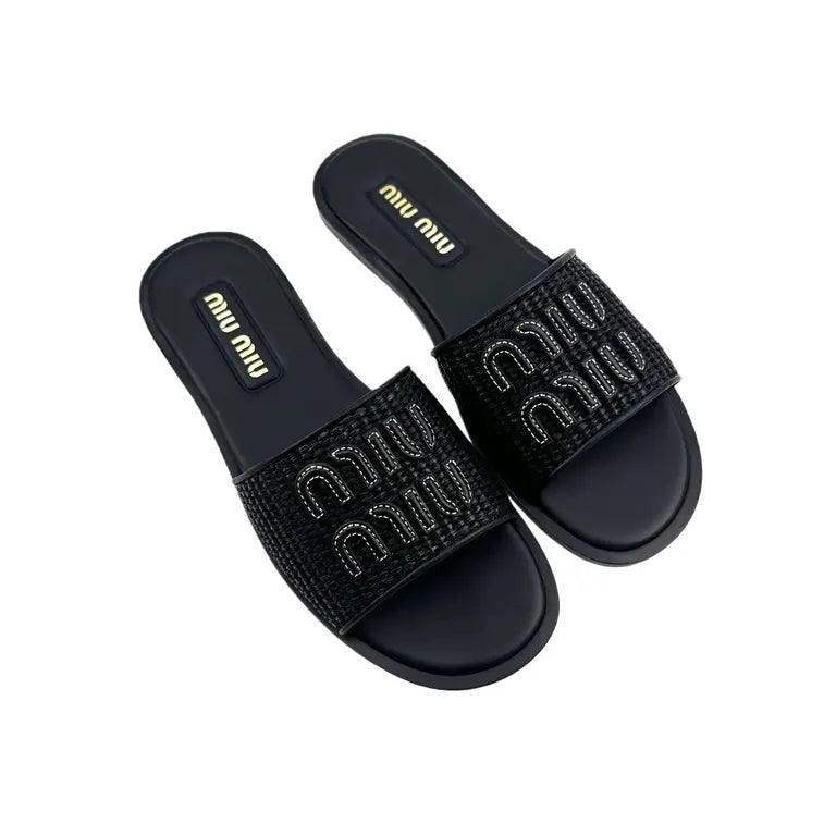 Miu Miu Raffia Effect Woven Slides nero