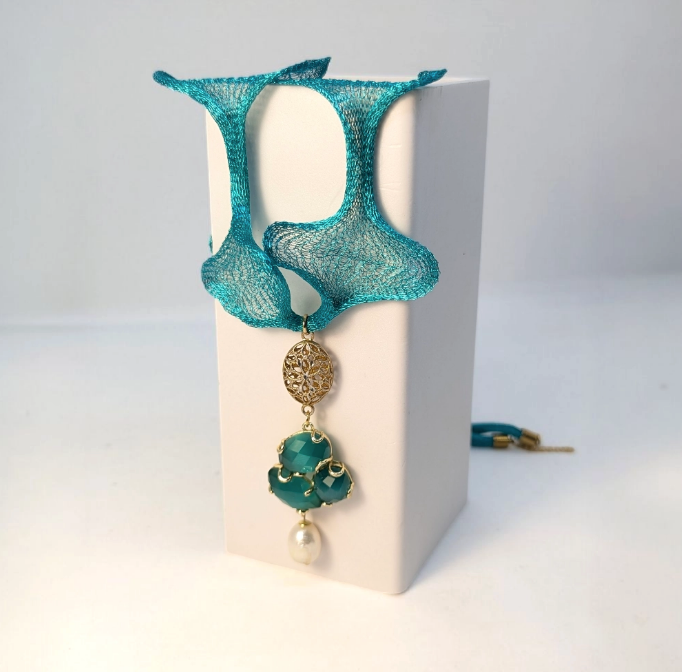 Handcrafted Titanium Necklace with Cat's Eye Quartz and Baroque Pearl 