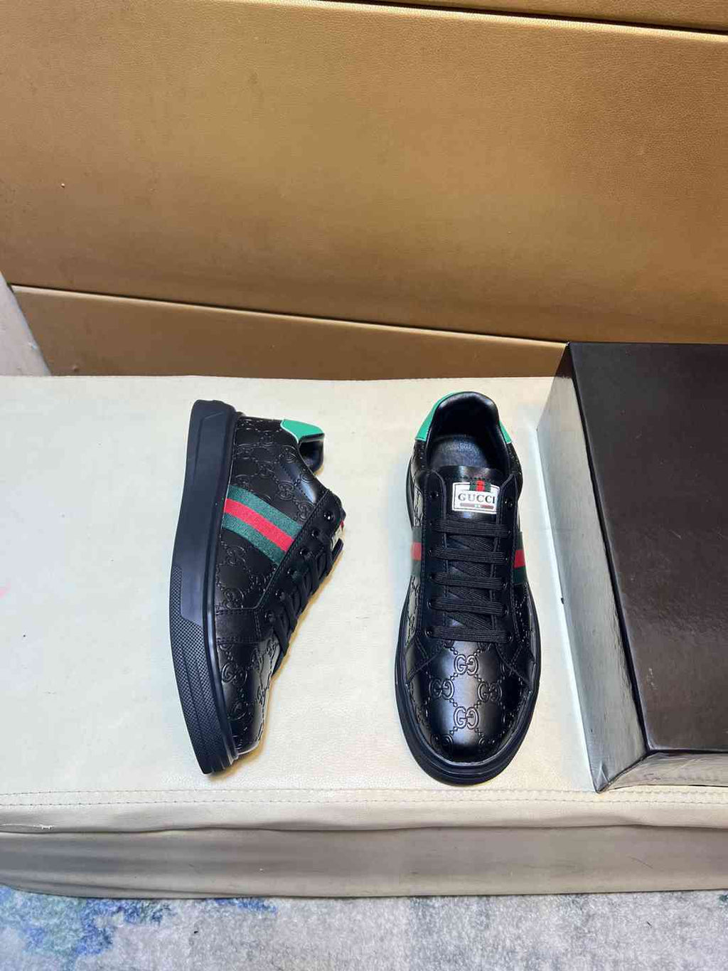 Gucci Ace GG Crystal Sneakers in Black Leather with Web Green and Red