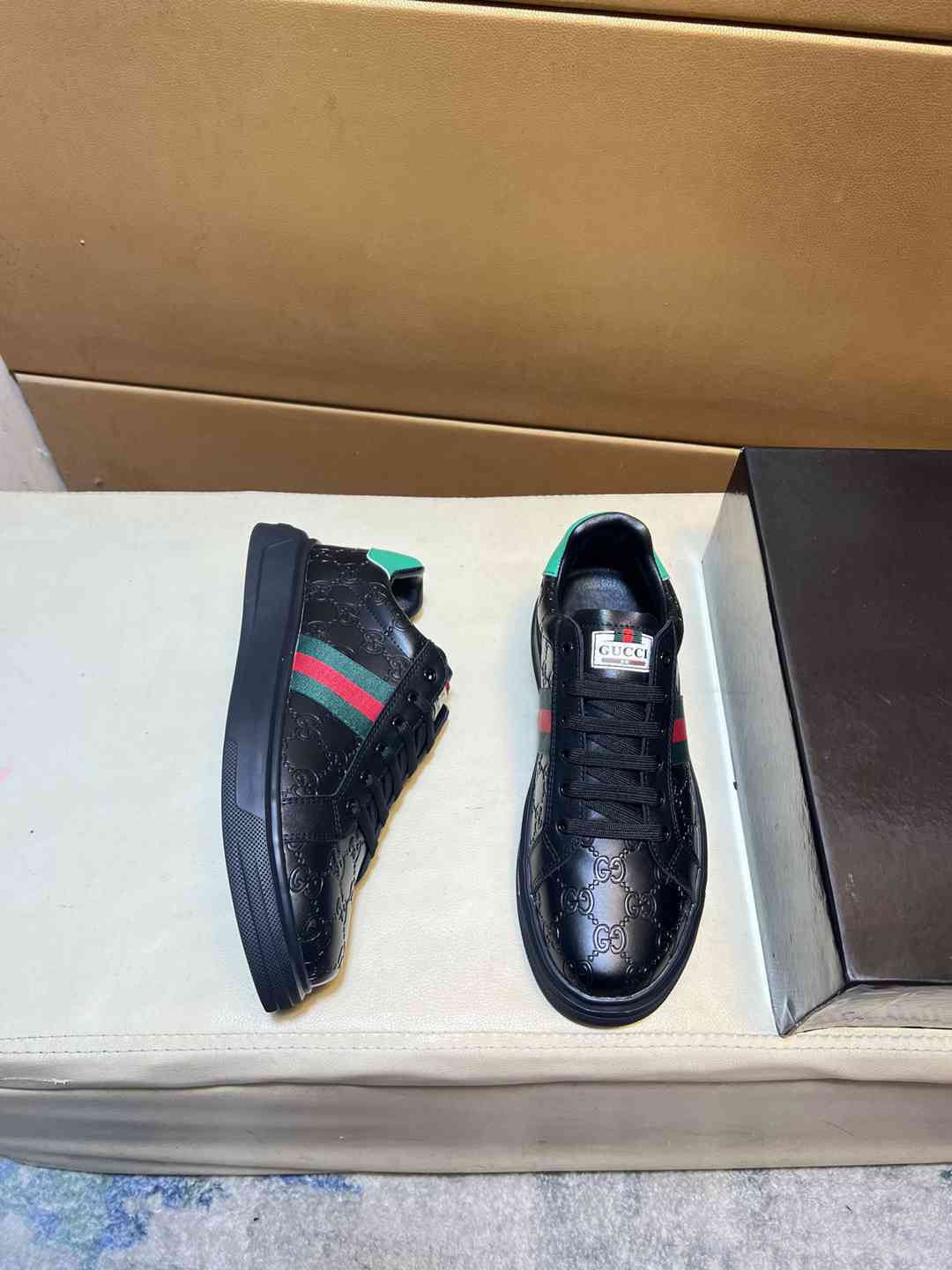 Gucci Ace GG Crystal Sneakers in Black Leather with Web Green and Red