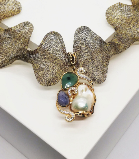 Collana in maglia in Titanio modellabile, pendente pietre preziose castone argento, 925 bagnato oro 18k