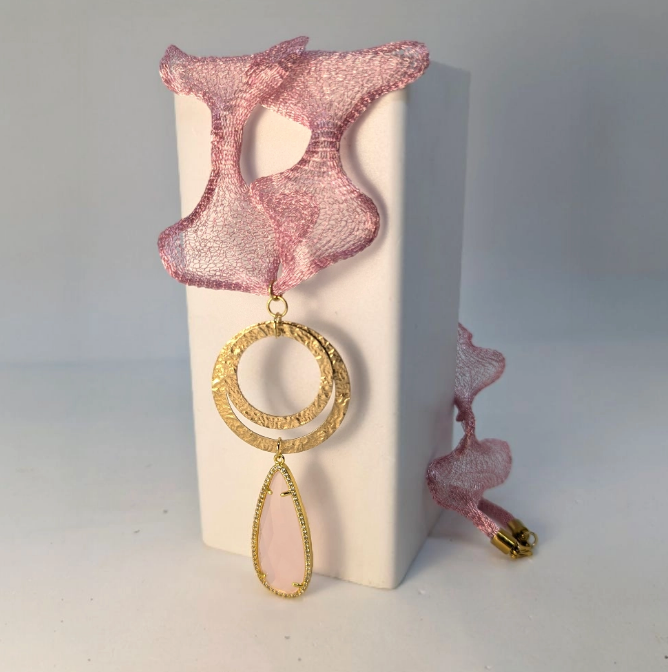 Handcrafted Titanium Necklace with Pink Crystal and Gold Details 
