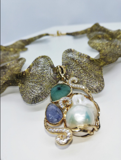 Collana in maglia in Titanio modellabile, pendente pietre preziose castone argento, 925 bagnato oro 18k