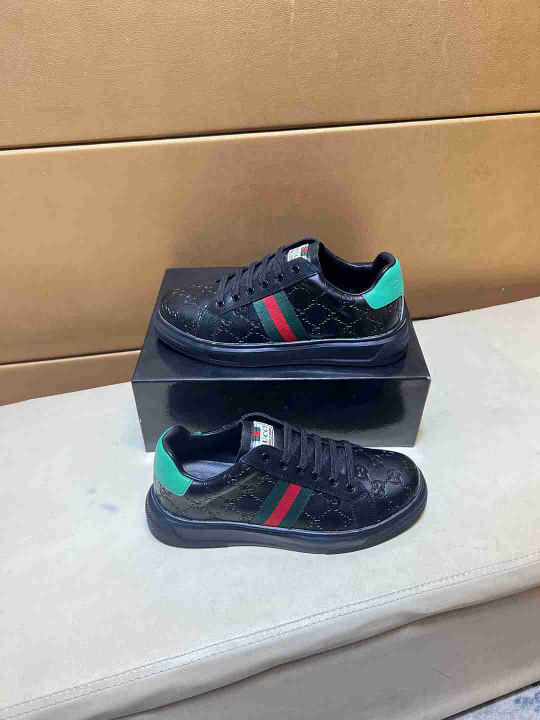 Gucci Ace GG Crystal Sneakers in Black Leather with Web Green and Red