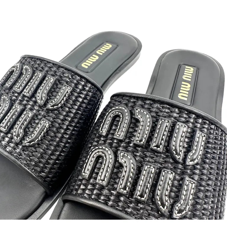 Miu Miu Raffia Effect Woven Slides nero