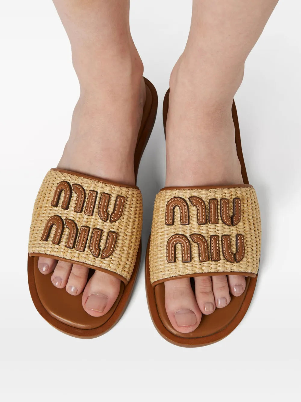 Miu Miu Raffia Effect Woven Slides beige