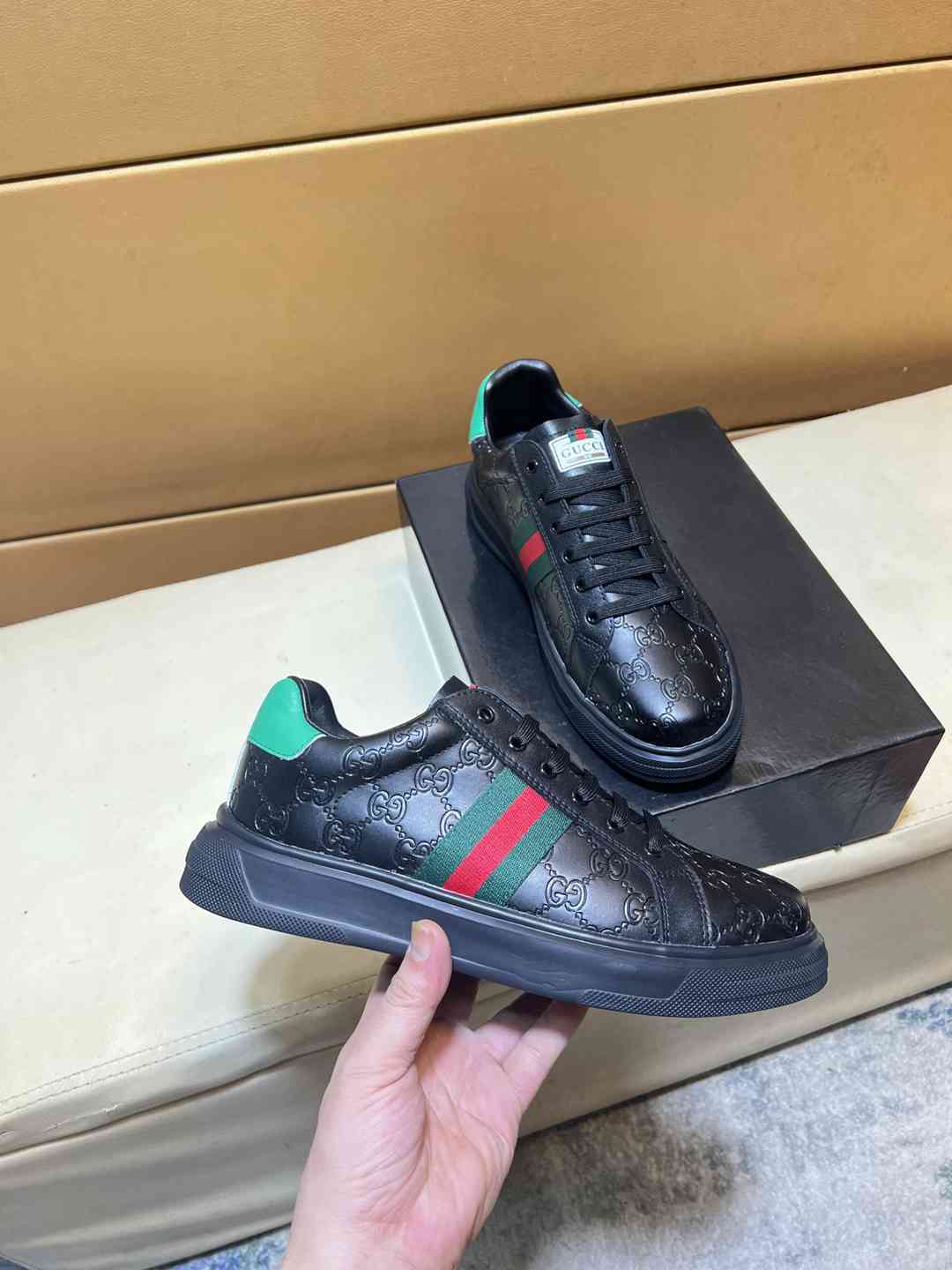 Gucci Ace GG Crystal Sneakers in Black Leather with Web Green and Red