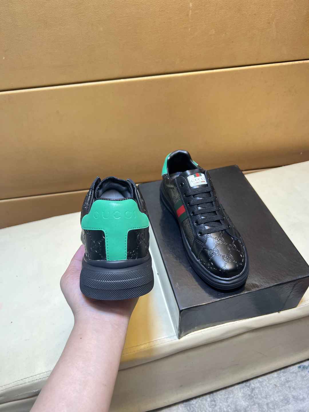 Gucci Ace GG Crystal Sneakers in Black Leather with Web Green and Red