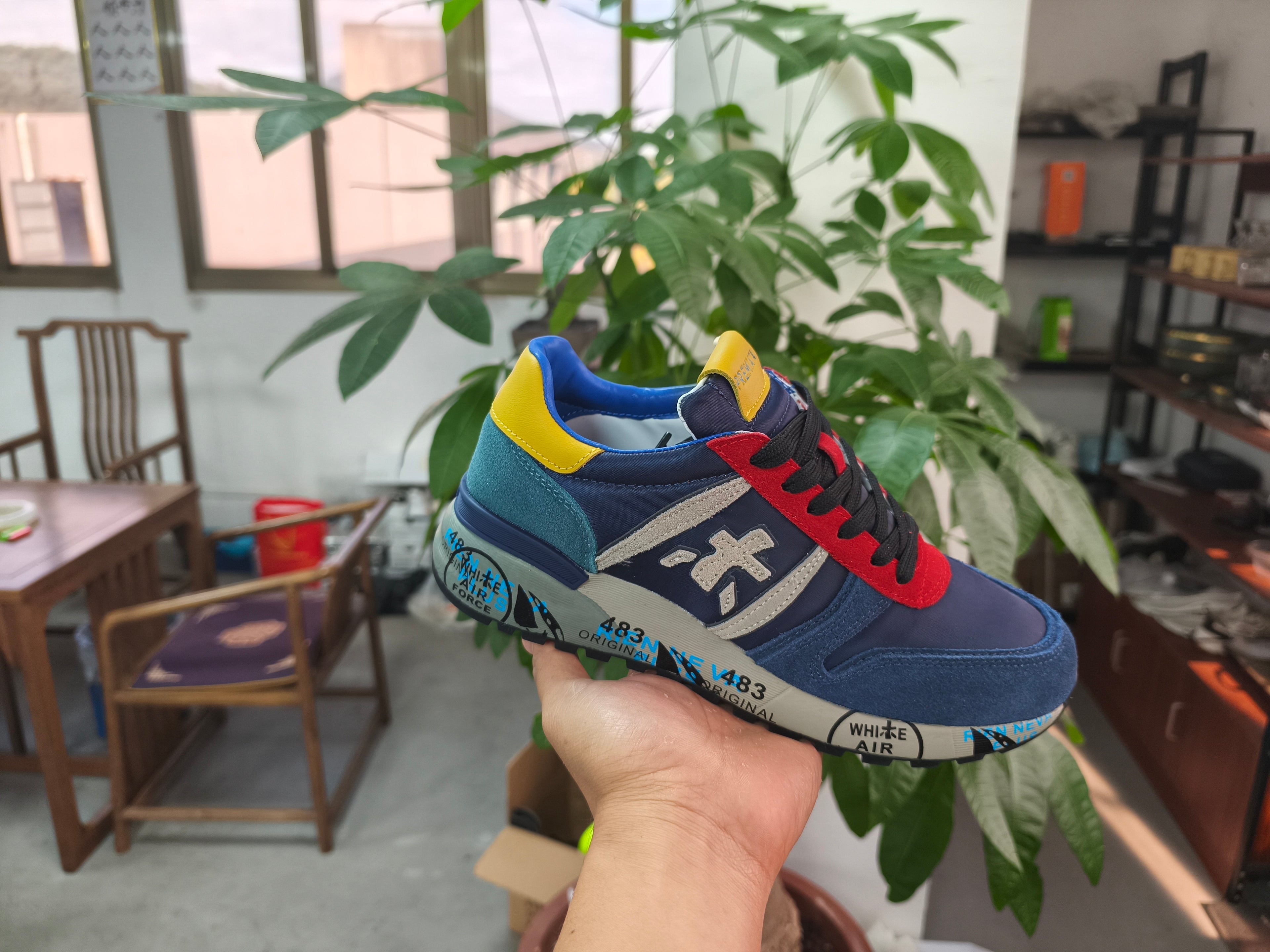 Premiata Lander sneakers suede blue rosso giallo