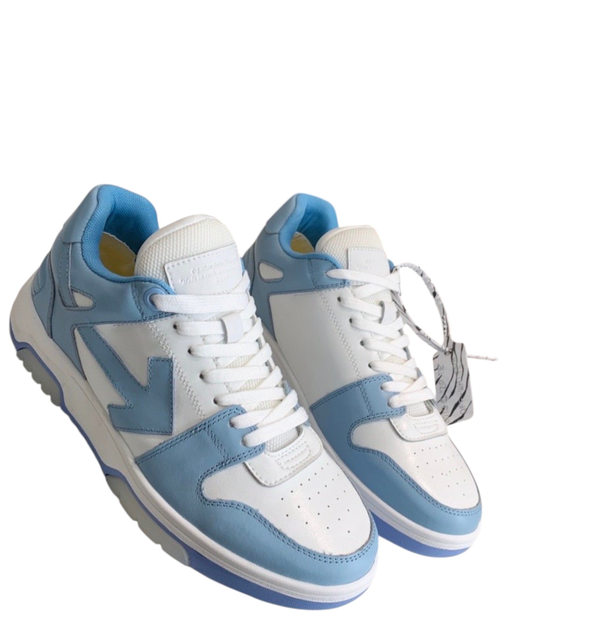 Off-White OOO Out Of Office sneakers in pelle colore celeste e bianco