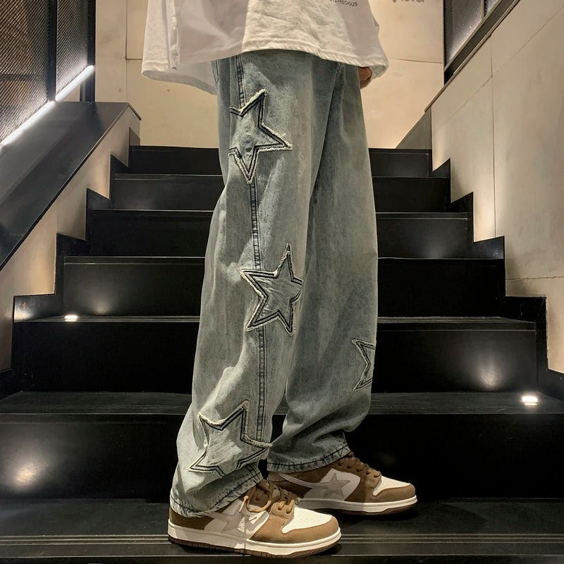 Jeans hip hop da uomo casual dritti con ricamo a stella gotico