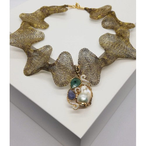 Collana in maglia in Titanio modellabile, pendente pietre preziose castone argento, 925 bagnato oro 18k